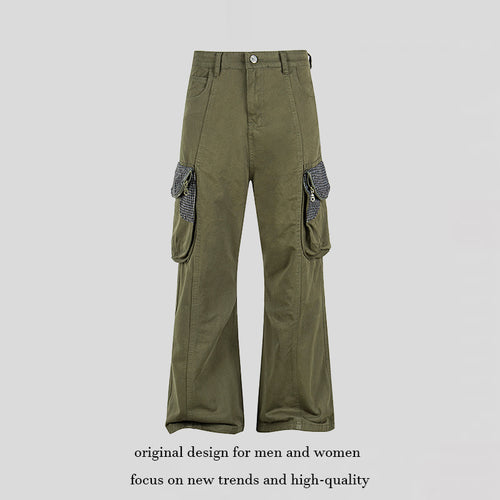Damen Cargo-Hose mit weitem Bein, Utility-Taschen und Karomuster-Details Drune