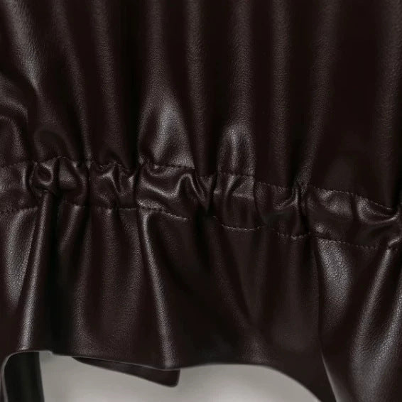 Damen Cropped Kunstleder‑Blouson mit Stehkragen, Pattentaschen und Tunnelzugtaillierung Drune