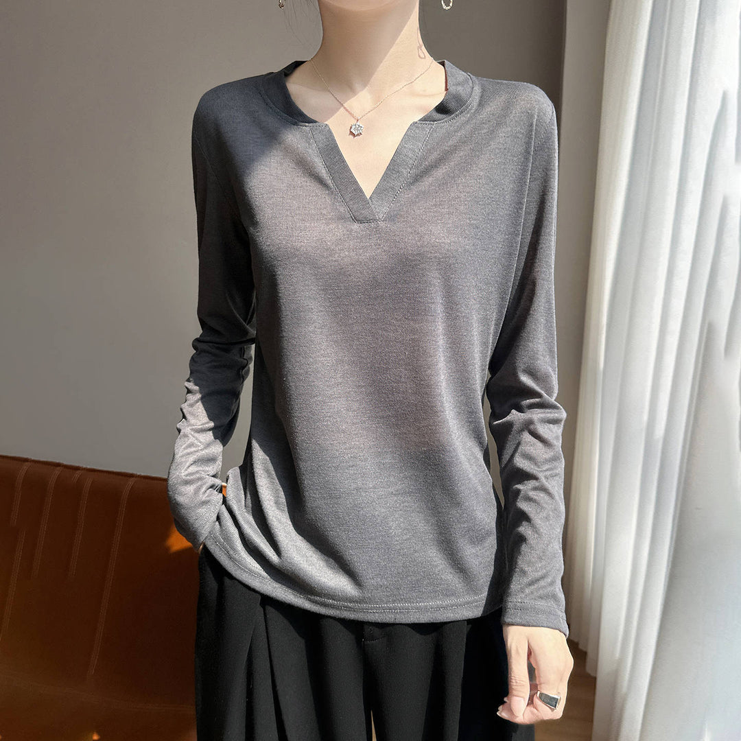Damen Langärmliges Feinstrickshirt mit geschlitztem V-Kragen Drune