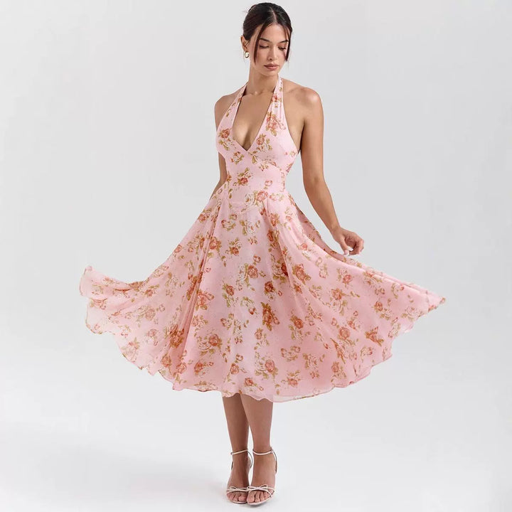 Damen Sommerliches Maxikleid mit tiefem V-Ausschnitt und floralen Mustern Drune