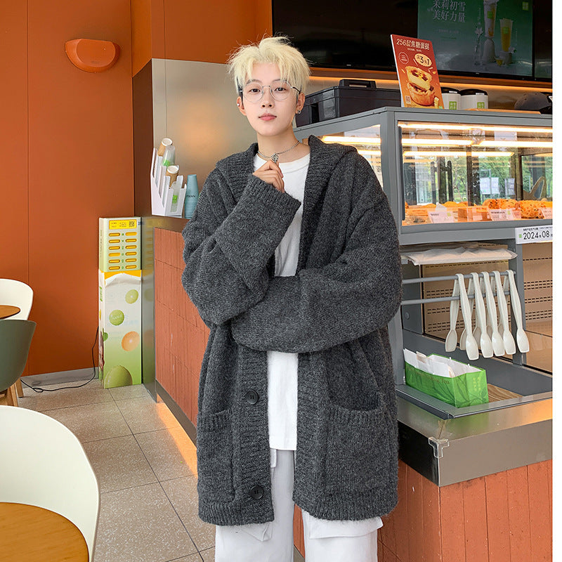 Unisex Oversized Mohair-Optik Strickcardigan mit Kapuze und großen Knöpfen Drune