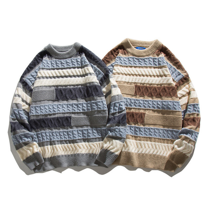 Unisex Oversize Strickpullover mit Patchwork‑Zopfmuster und Rundhalsausschnitt Drune