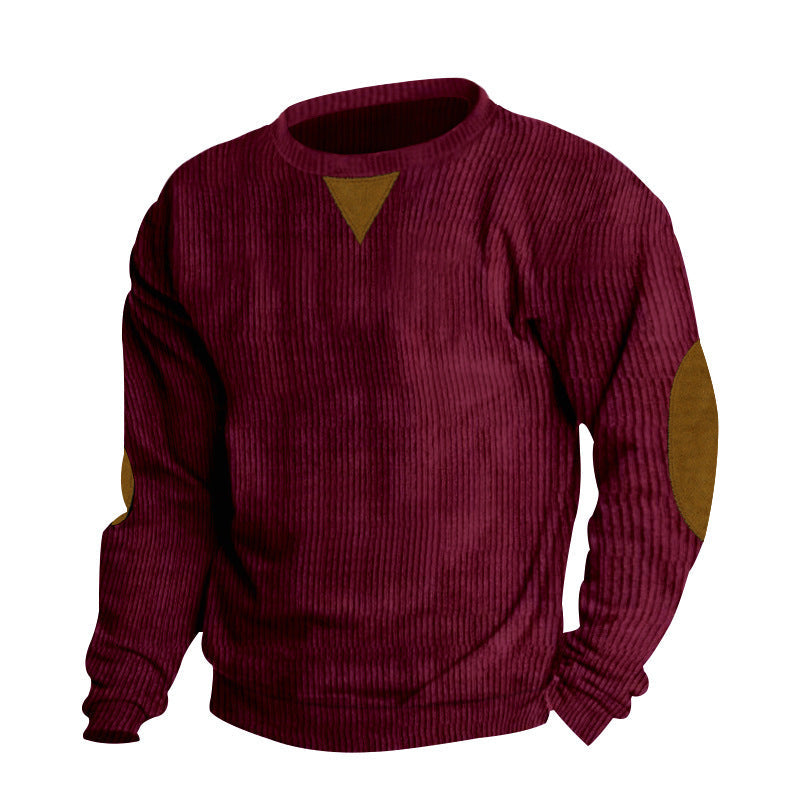Herren nan gerippter Strickpullover mit Rundhalsausschnitt Ellbogen-Patches und Zierdreieck Drune