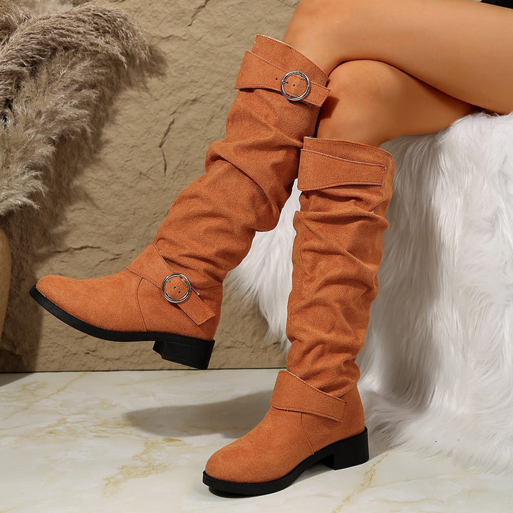 Damen Slouch-Stiefel kniehoch mit dekorativem Ringriemen und niedrigem Blockabsatz Drune