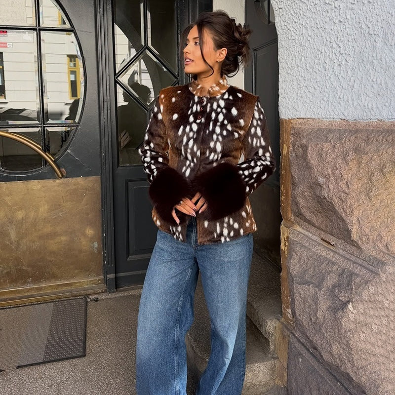 Damen Taillierte Kurzjacke mit Leopardenmuster und Kunstpelzmanschetten Drune