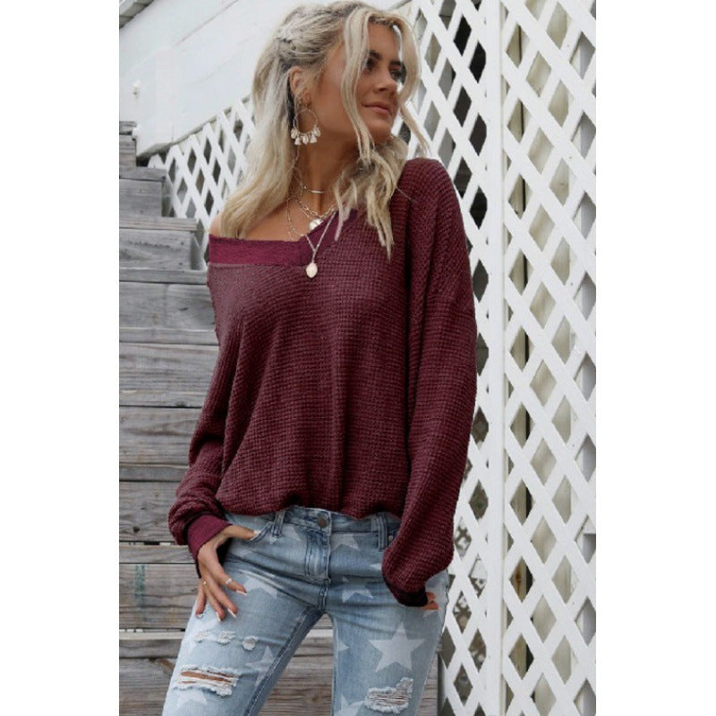 Damen Off‑Shoulder Waffelstrickpullover mit weitem Arm und elastischen Bündchen Drune