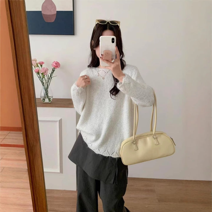 Damen Flauschiger Strickpullover mit glänzenden Akzenten und lockerem Schnitt Drune