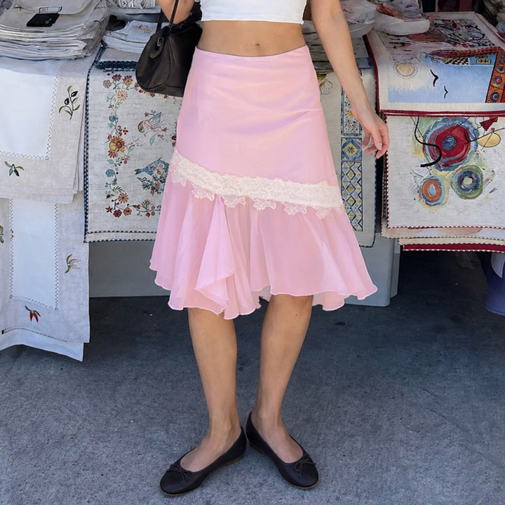 Damen Asymmetrischer Midirock mit Spitzenbesatz und Volantsaum Drune