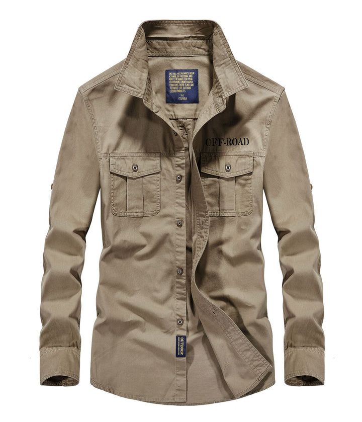Herren Canvas-Utility-Fieldhemd mit Pattentaschen, Stehkragen und Ärmel-Rollfunktion Drune