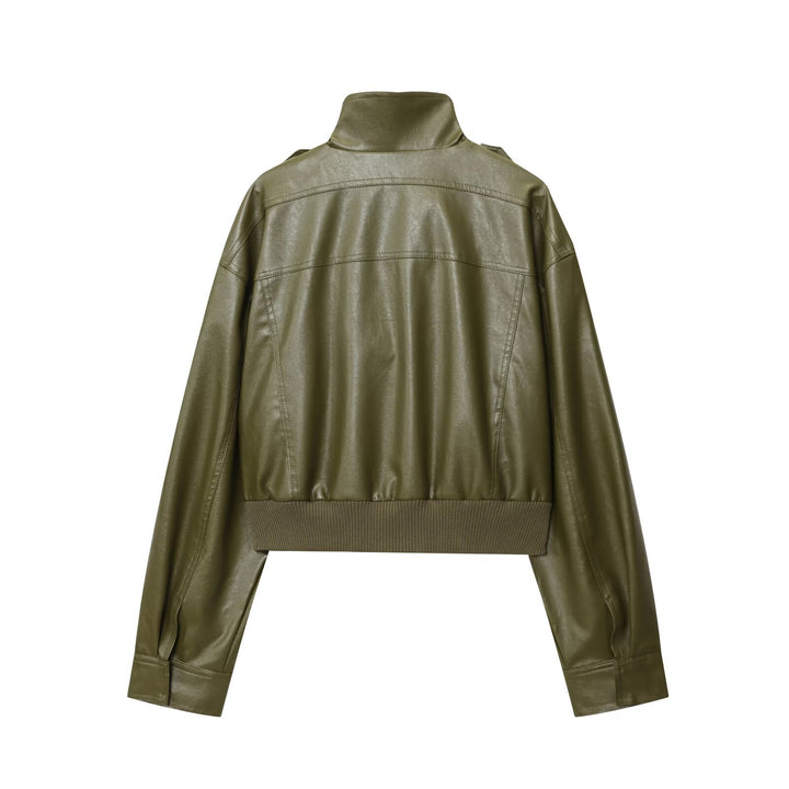 Damen cropped Kunstlederjacke mit praktischen Taschen und Stehkragen Drune