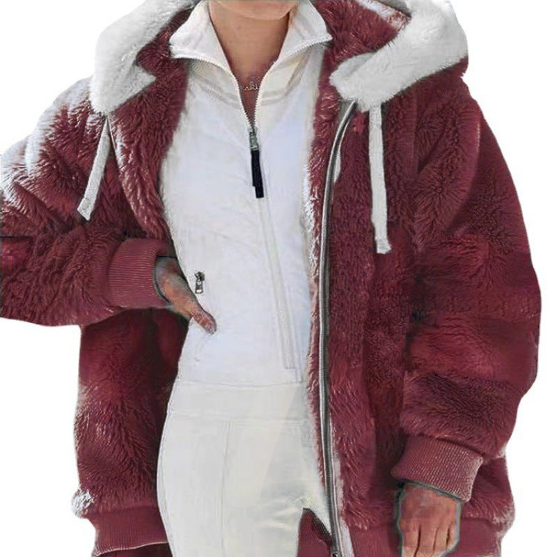 Damen Oversized Sherpa-Zipjacke mit Kontrastkragen, Rippbündchen und Kordelzug Drune
