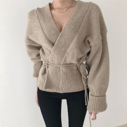 Damen Wickelstrickjacke mit binde Gürtel und hochgezogenem Kragen Drune