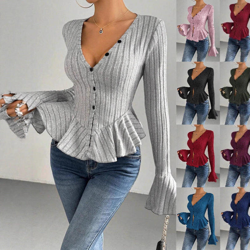Damen Strickoberteil mit raffiniertem Kellerfalten-Design und Knopfleiste Drune