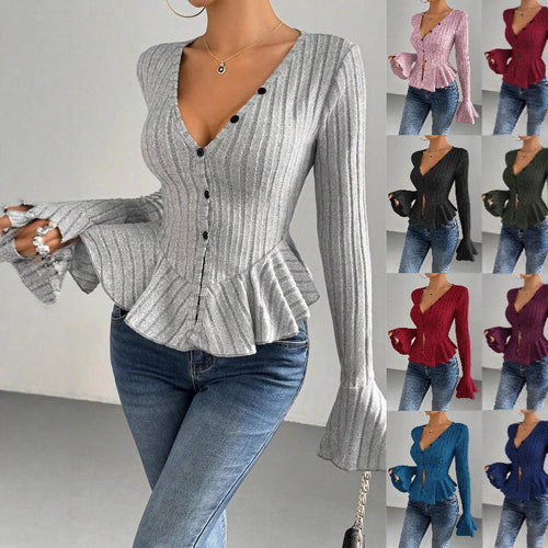 Damen Strickoberteil mit raffiniertem Kellerfalten-Design und Knopfleiste Drune