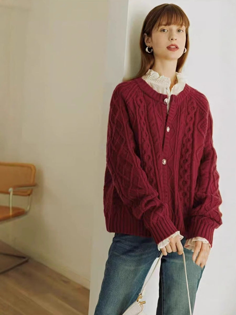 Damen Kuscheliger Zopf- und Rautenstrick-Cardigan mit Perlmuttknopfblende Drune