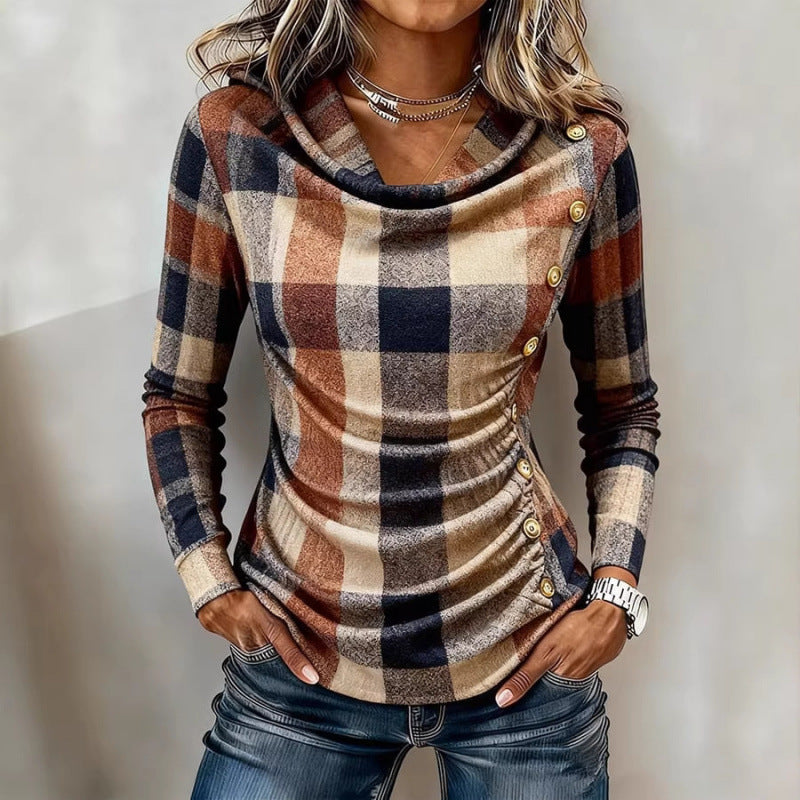 Damen Kariertes Langarm-Feinstrickshirt mit Wasserfallkragen und Zierknopfleiste Drune