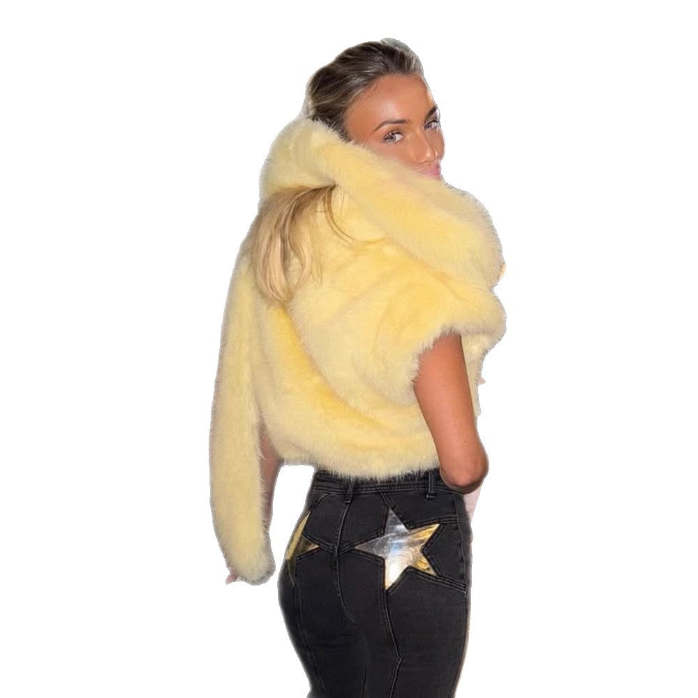 Damen Oversized Kunstfell-Mantel mit weitem Kragen und ausgestellten Ärmeln Drune