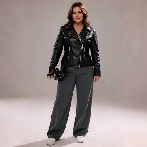 Damen Stylische und figurbetonte Bikerjacke mit Metallreißverschlüssen Drune