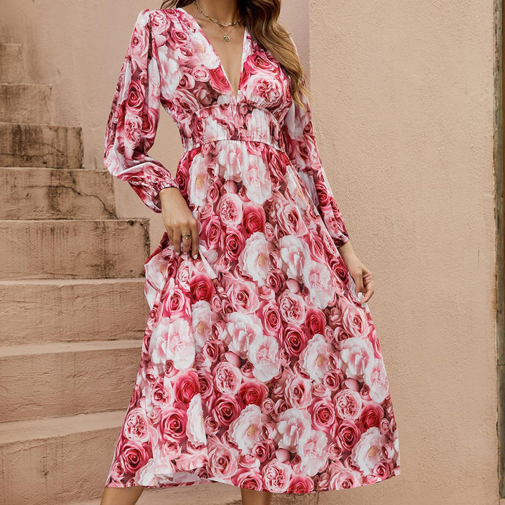 Damen Langes Sommerkleid mit fließendem Schnitt und botanischem Rosenmuster Drune