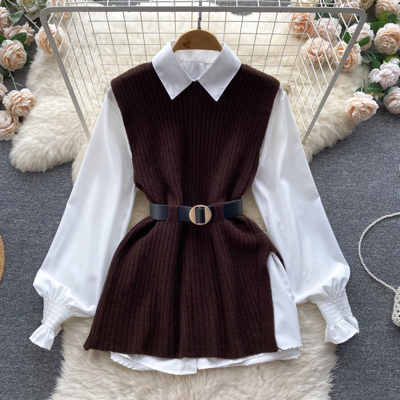 Damen Lagenlook-Bluse mit Rippstrick-Überwurf und Taillengürtel Drune