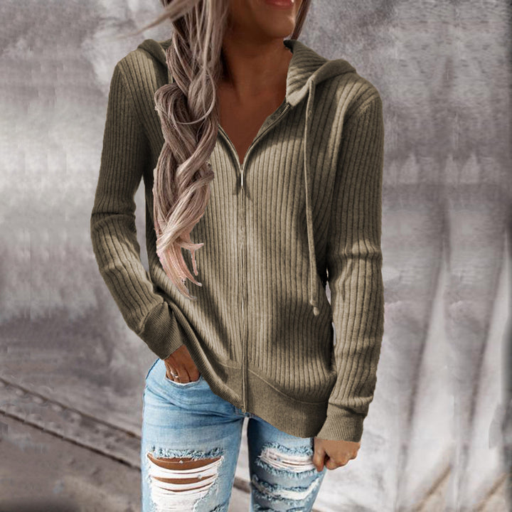 Damen Gerippter Kapuzenpullover mit Reißverschluss und Eingrifftaschen Drune