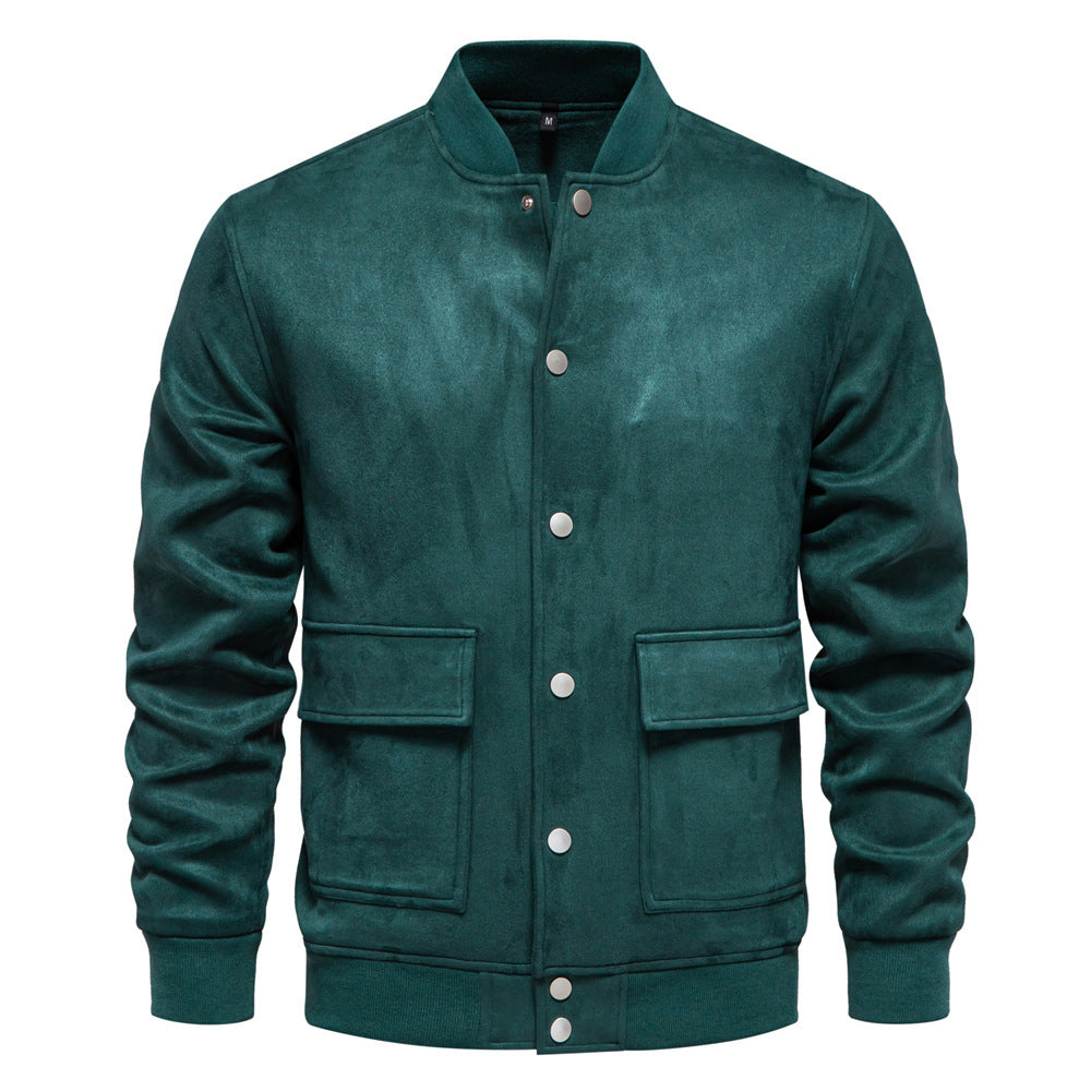 Herren nan Wildlederoptik-Collegejacke mit Druckknopfverschluss, Pattentaschen und geripptem Saum Drune