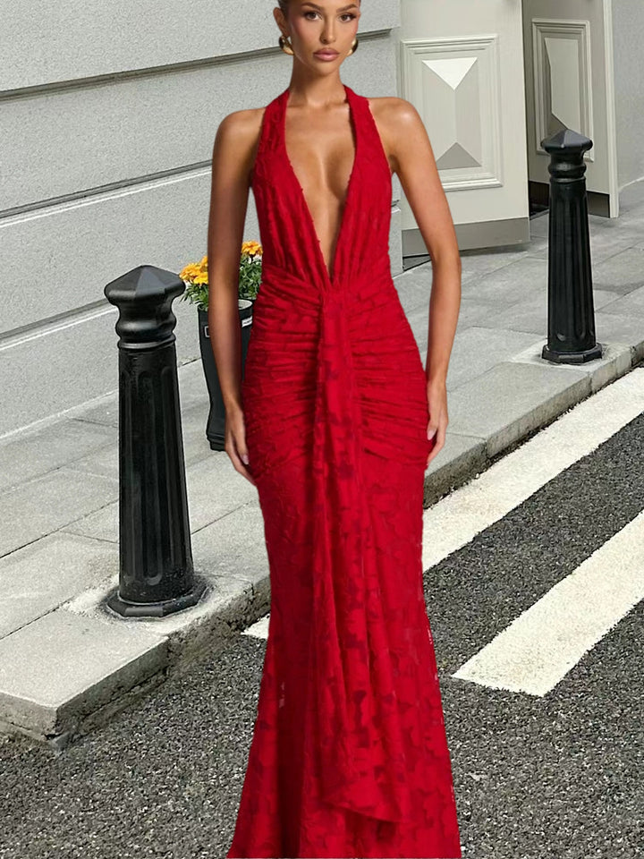 Damen Elegantes Maxikleid mit tiefem V-Ausschnitt und gerafftem Design Drune