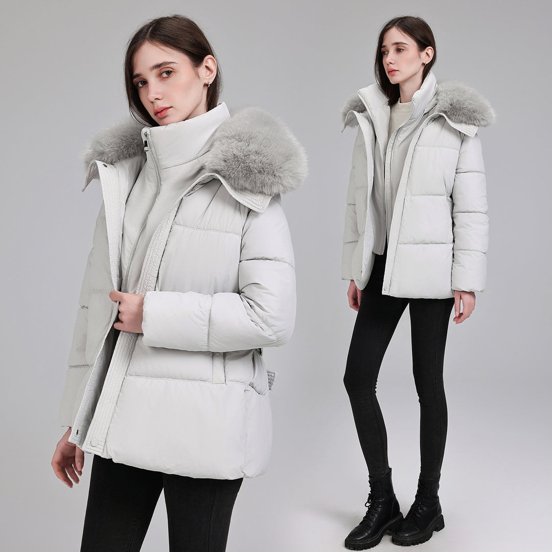 Damen Taillierter Pufferparka mit Wickelgürtel, hohem Stehkragen und voluminösem Fellkragen Drune