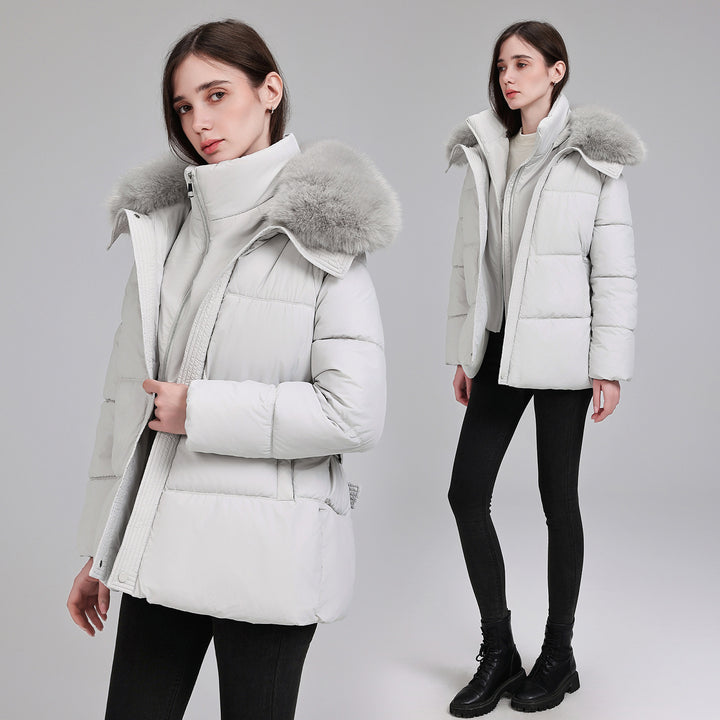 Damen Taillierter Pufferparka mit Wickelgürtel, hohem Stehkragen und voluminösem Fellkragen Drune