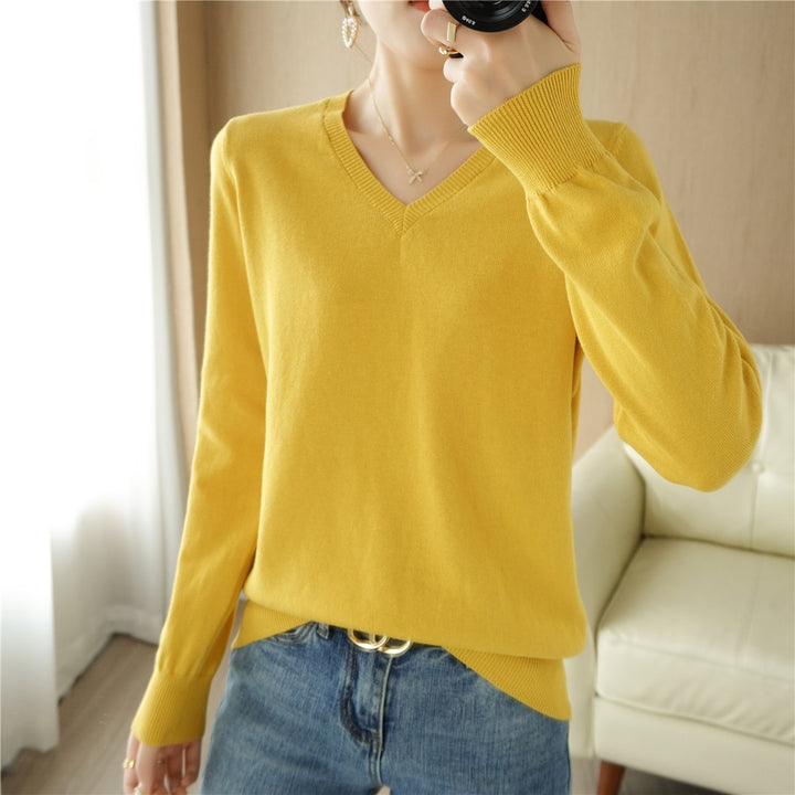 Damen Leichter V‑Ausschnitt Feinstrickpullover aus kaschmirweicher Baumwollmischung mit elastischen Rippbündchen Drune
