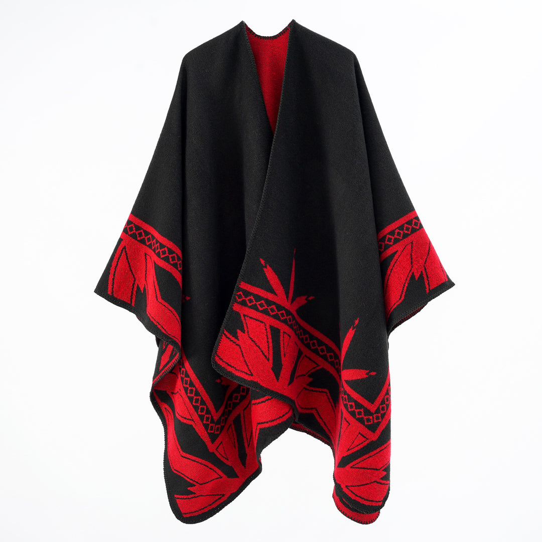 Damen Grobgewebter Umhangponcho aus Wollmix mit V-Ausschnitt und Ornamentjacquard Drune