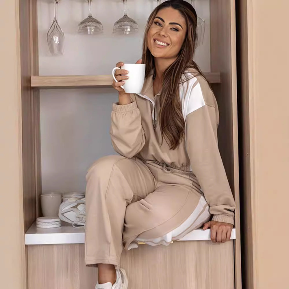 Damen legeres Sweat-Lounge-Set mit halbem Reißverschluss, Kordelzugbund und Kontraststreifen Drune