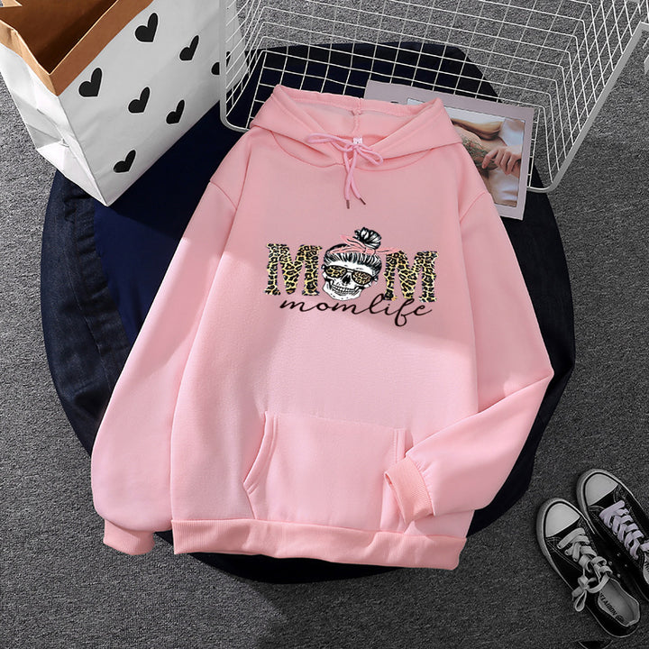 Damen nan Kapuzenpullover mit "Momlife" Skull-Print, Kängurutasche, weichem Fleece-Innenfutter und lockerer Oversize-Passform Drune