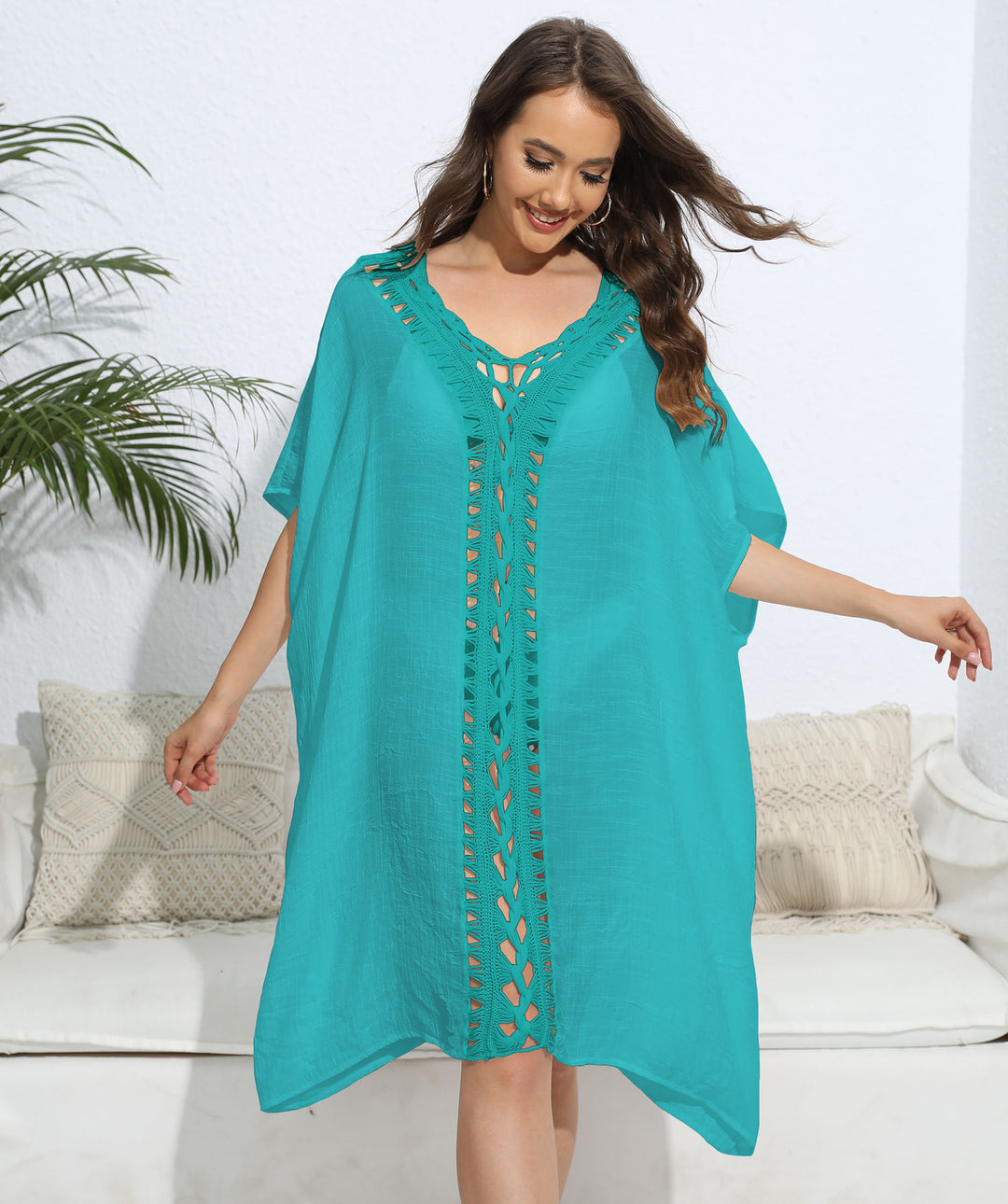 Damen luftiger Kaftan mit filigranem Häkelmuster Drune