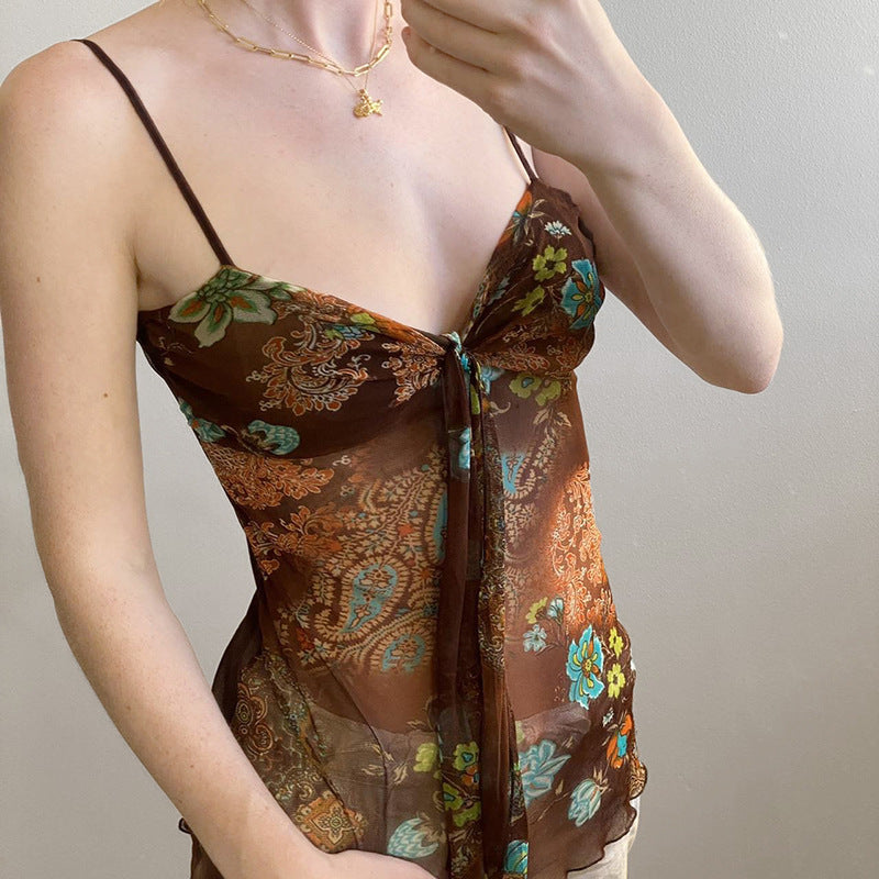 Damen Blumenmuster Spaghetti-Trägertop mit fließendem Design Drune