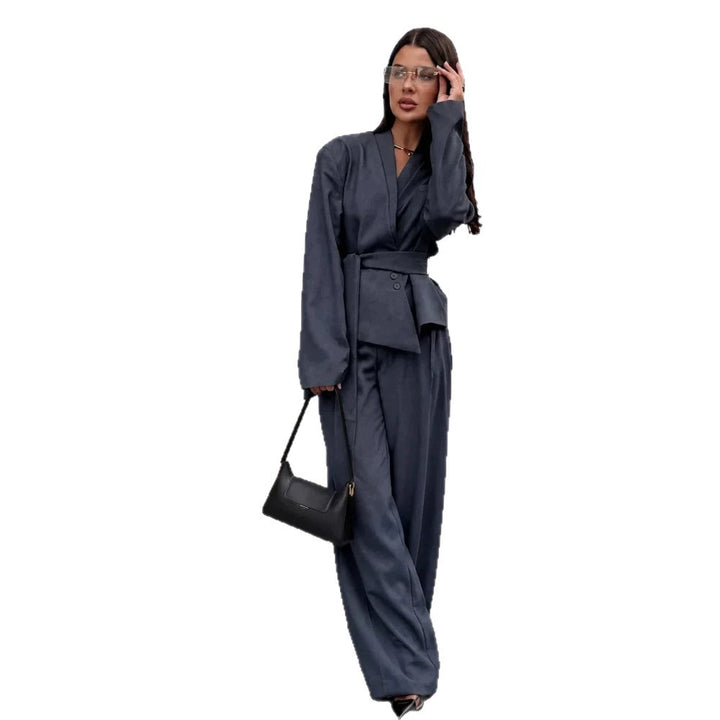 Damen Elegantes Wickelblazer-Set mit Taillengürtel und weiter Bundfaltenhose Drune
