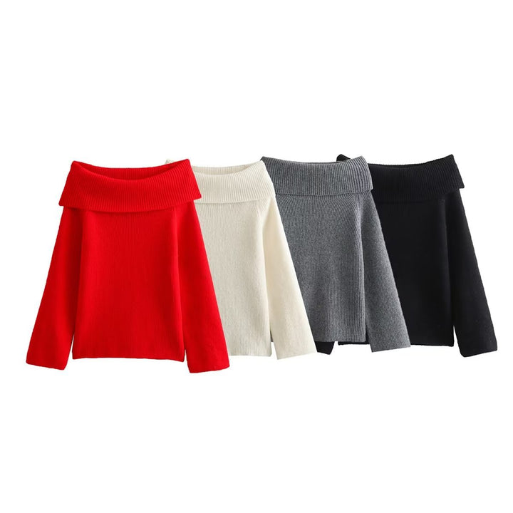 Damen Oversized Off-Shoulder Rippstrick-Pullover mit großem Wendkragen Drune