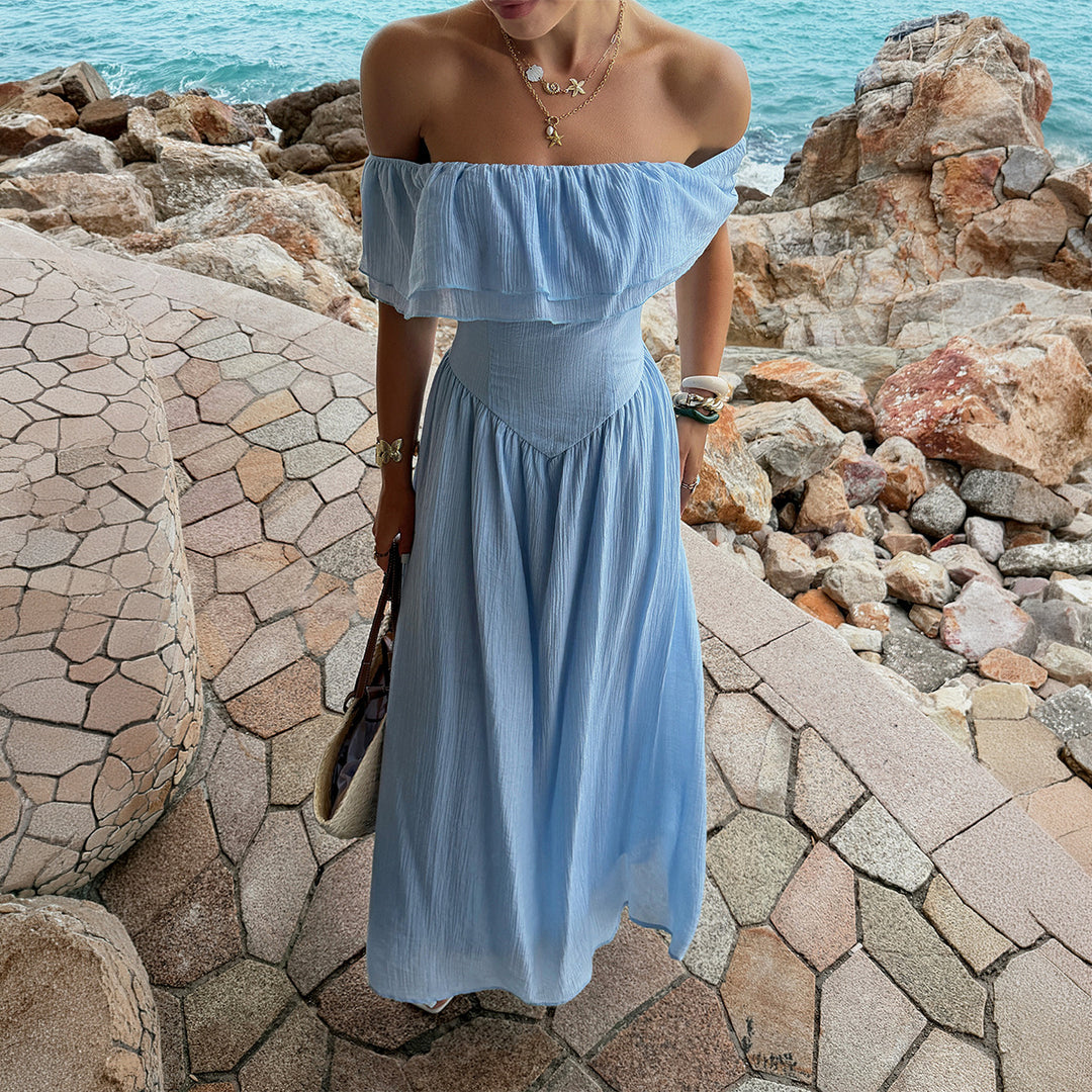Damen Off-Shoulder Maxikleid mit fließendem Schnitt und Rüschendetails Drune