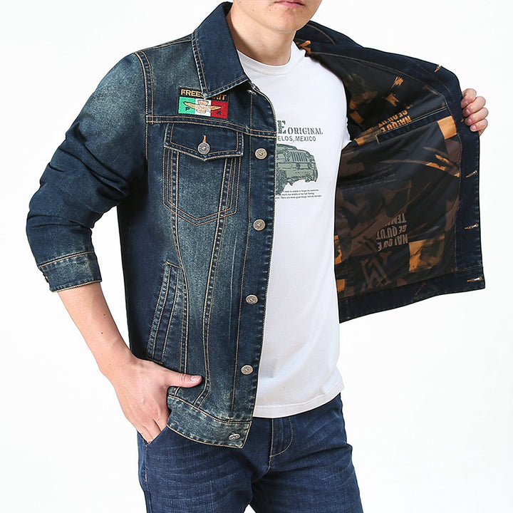 Herren Jeansjacke im Vintage-Look mit Patches und bedrucktem Innenfutter Drune