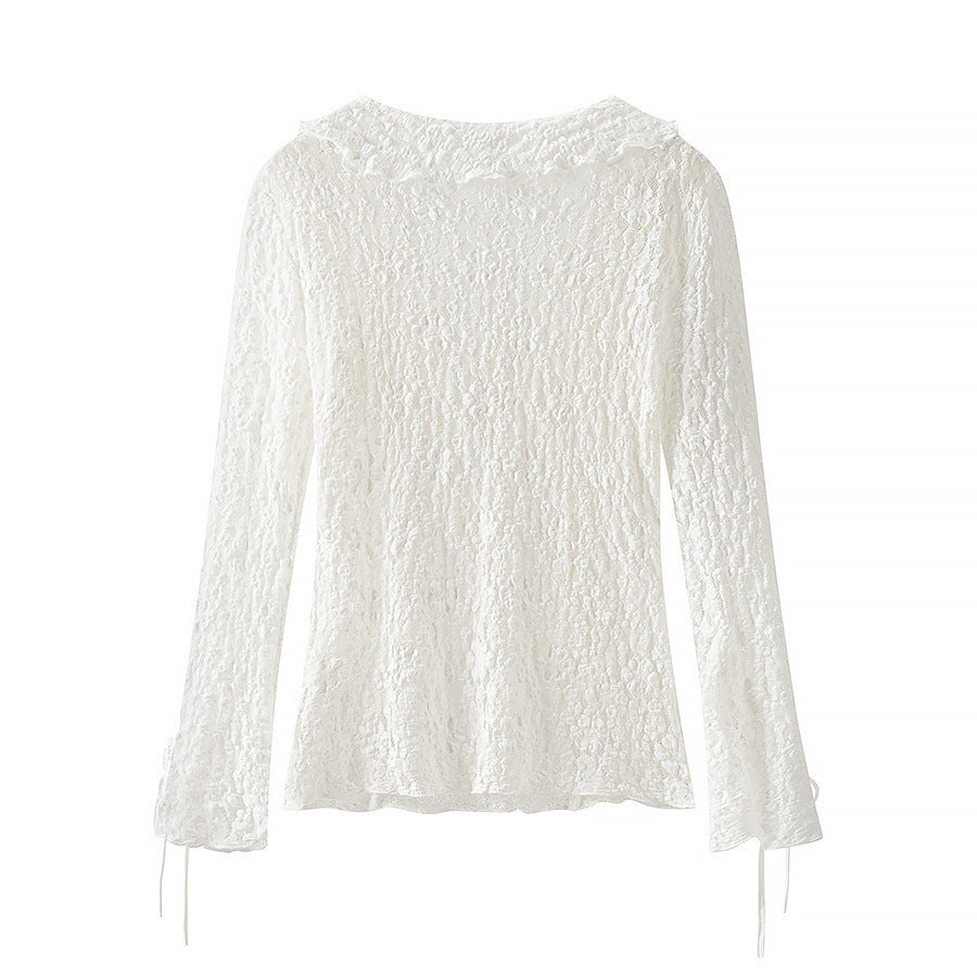 Damen Figurbetonte Spitzenbluse mit Rüschen‑V‑Ausschnitt und Bindebanddetail Drune
