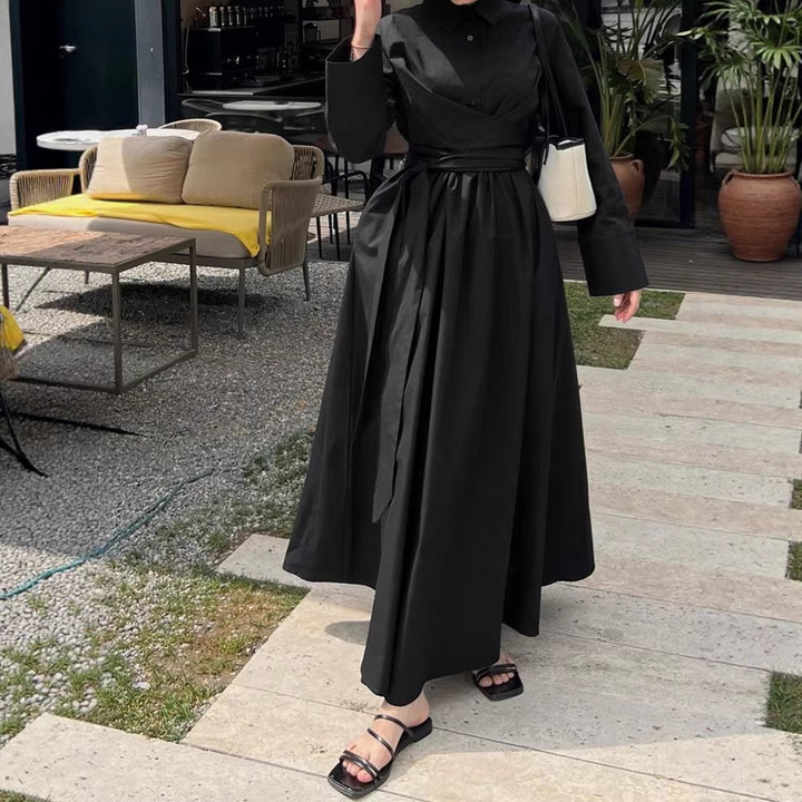 Damen Maxikleid im Hemdblusenstil mit Taillenwickel, weitem Tellerrock und breiten Manschetten Drune