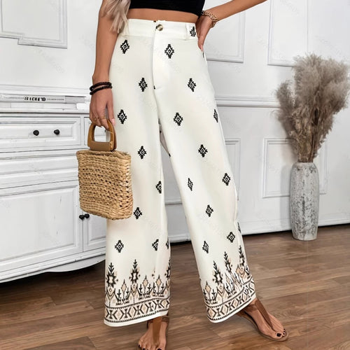 Damen Elegante und lockere Stoffhose mit dekorativem Muster Drune