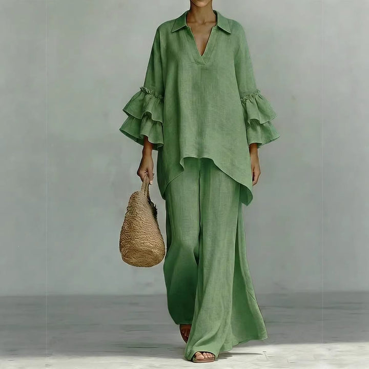 Damen Leinen-Loungewear-Set mit Volantärmeln und weitem Palazzo-Hose Drune