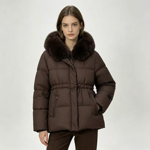 Damen nan kurze wattierte Steppjacke mit Kordelzugtaillierung und voluminösem Fellkragen Drune