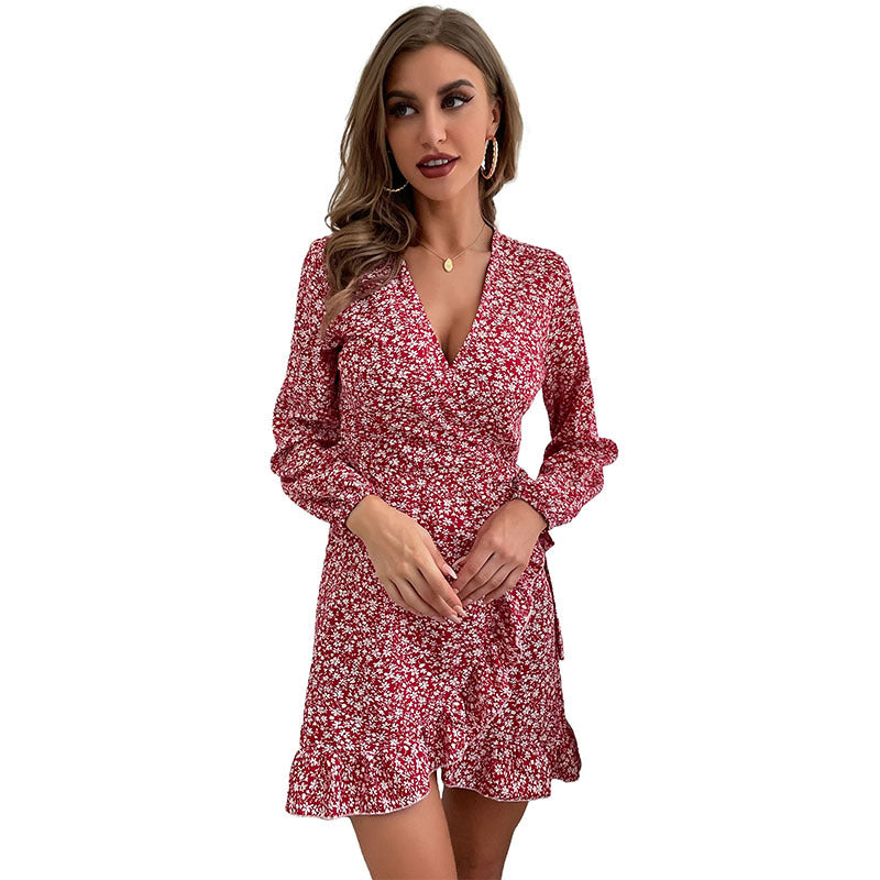 Damen Tailliertes Wickel-Minikleid mit V-Ausschnitt, langen Ärmeln und Rüschensaum Drune