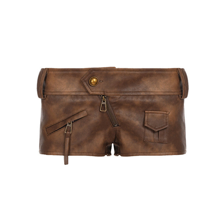 Damen Kunstleder-Shorts mit dekorativen Knopfdetails Drune