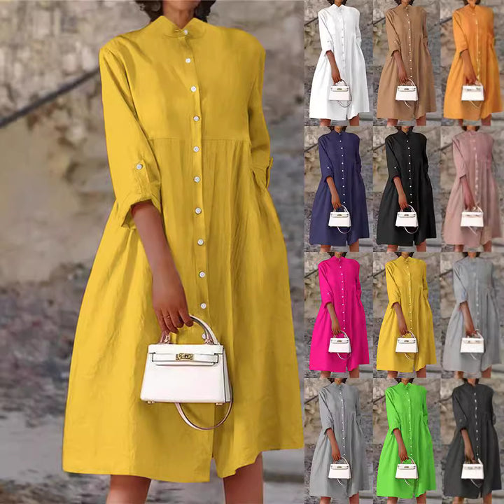 Damen Oversize Midi Kleid im Leinen-Look mit Stehkragen, Knopfleiste und Seiten Taschen Drune