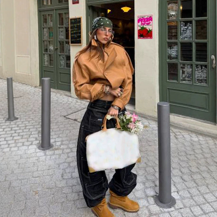 Damen Cropped Oversize-Jacke aus strukturiertem Kunstleder mit hohem Stehkragen Drune