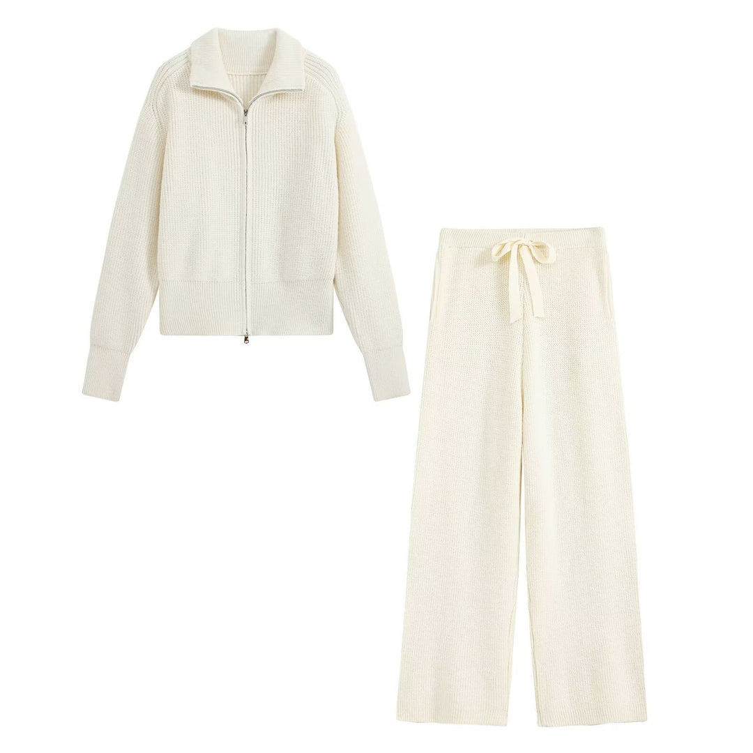 Damen Strick‑Lounge‑Set mit Stehkragen‑Zipperjacke und weiter Bundhose Drune