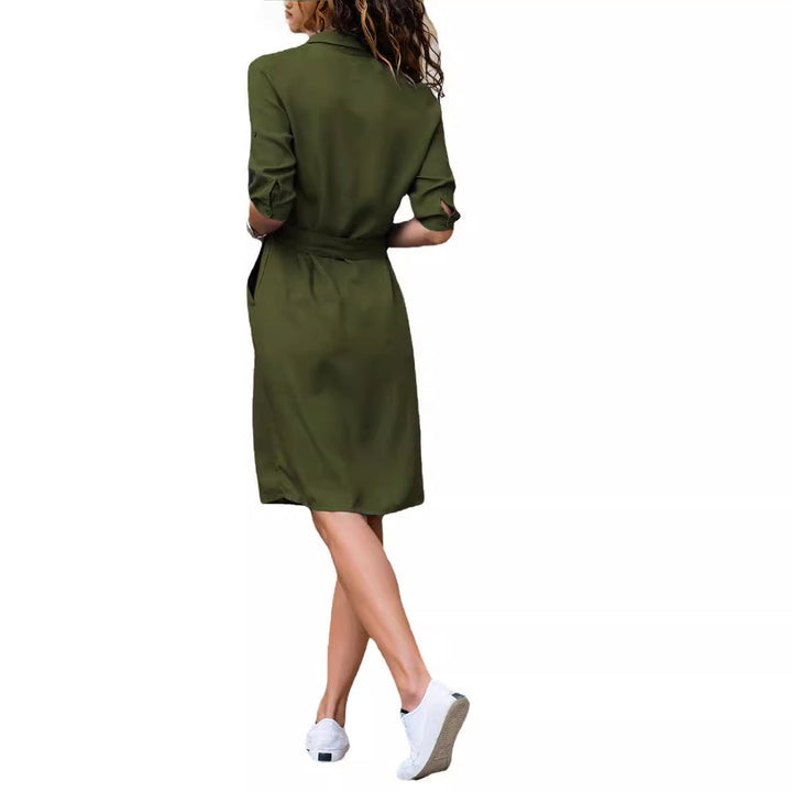 Damen Hemdblusenkleid mit Bindegürtel und praktischen Taschen Drune